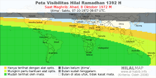 HilalMap: Peta Visibilitas Hilal Ramadhan 1392 H: rukyat tanggal 1972-10-8 M