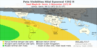 HilalMap: Peta Visibilitas Hilal Syawwal 1392 H: rukyat tanggal 1972-11-6 M