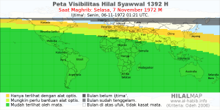 HilalMap: Peta Visibilitas Hilal Syawwal 1392 H: rukyat tanggal 1972-11-7 M