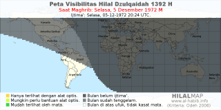 HilalMap: Peta Visibilitas Hilal Dzulqaidah 1392 H: rukyat tanggal 1972-12-5 M
