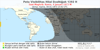 HilalMap: Peta Visibilitas Hilal Dzulhijjah 1392 H: rukyat tanggal 1973-1-4 M