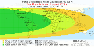 HilalMap: Peta Visibilitas Hilal Dzulhijjah 1392 H: rukyat tanggal 1973-1-5 M