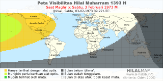 HilalMap: Peta Visibilitas Hilal Muharram 1393 H: rukyat tanggal 1973-2-3 M