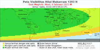 HilalMap: Peta Visibilitas Hilal Muharram 1393 H: rukyat tanggal 1973-2-4 M
