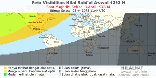 HilalMap: Peta Visibilitas Hilal Rabiul-Awwal 1393 H: rukyat tanggal 1973-4-3 M
