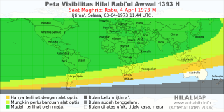 HilalMap: Peta Visibilitas Hilal Rabiul-Awwal 1393 H: rukyat tanggal 1973-4-4 M