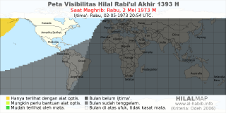 HilalMap: Peta Visibilitas Hilal Rabiul-Akhir 1393 H: rukyat tanggal 1973-5-2 M