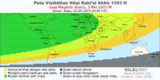HilalMap: Peta Visibilitas Hilal Rabiul-Akhir 1393 H: rukyat tanggal 1973-5-3 M