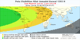 HilalMap: Peta Visibilitas Hilal Jumadal-Awwal 1393 H: rukyat tanggal 1973-6-1 M