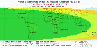 HilalMap: Peta Visibilitas Hilal Jumadal-Akhirah 1393 H: rukyat tanggal 1973-7-1 M