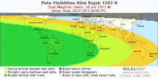 HilalMap: Peta Visibilitas Hilal Rajab 1393 H: rukyat tanggal 1973-7-30 M