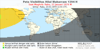HilalMap: Peta Visibilitas Hilal Muharram 1394 H: rukyat tanggal 1974-1-23 M