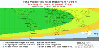 HilalMap: Peta Visibilitas Hilal Muharram 1394 H: rukyat tanggal 1974-1-24 M