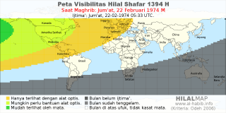 HilalMap: Peta Visibilitas Hilal Shafar 1394 H: rukyat tanggal 1974-2-22 M