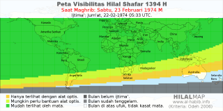HilalMap: Peta Visibilitas Hilal Shafar 1394 H: rukyat tanggal 1974-2-23 M