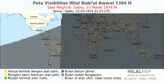 HilalMap: Peta Visibilitas Hilal Rabiul-Awwal 1394 H: rukyat tanggal 1974-3-23 M