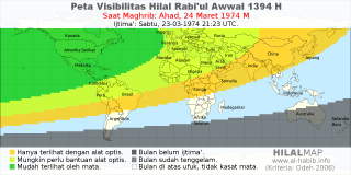HilalMap: Peta Visibilitas Hilal Rabiul-Awwal 1394 H: rukyat tanggal 1974-3-24 M
