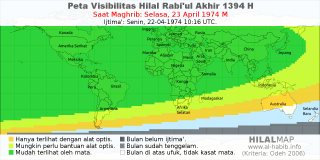 HilalMap: Peta Visibilitas Hilal Rabiul-Akhir 1394 H: rukyat tanggal 1974-4-23 M
