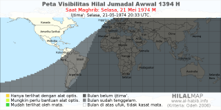 HilalMap: Peta Visibilitas Hilal Jumadal-Awwal 1394 H: rukyat tanggal 1974-5-21 M