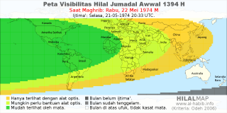 HilalMap: Peta Visibilitas Hilal Jumadal-Awwal 1394 H: rukyat tanggal 1974-5-22 M