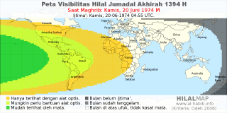 HilalMap: Peta Visibilitas Hilal Jumadal-Akhirah 1394 H: rukyat tanggal 1974-6-20 M