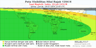 HilalMap: Peta Visibilitas Hilal Rajab 1394 H: rukyat tanggal 1974-7-20 M