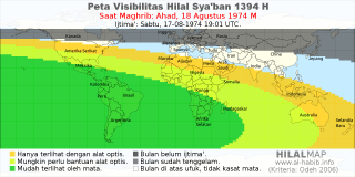 HilalMap: Peta Visibilitas Hilal Syaban 1394 H: rukyat tanggal 1974-8-18 M
