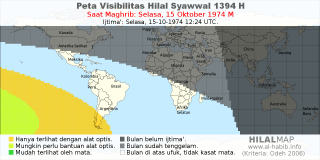 HilalMap: Peta Visibilitas Hilal Syawwal 1394 H: rukyat tanggal 1974-10-15 M