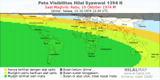 HilalMap: Peta Visibilitas Hilal Syawwal 1394 H: rukyat tanggal 1974-10-16 M