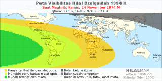 HilalMap: Peta Visibilitas Hilal Dzulqaidah 1394 H: rukyat tanggal 1974-11-14 M