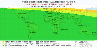 HilalMap: Peta Visibilitas Hilal Dzulqaidah 1394 H: rukyat tanggal 1974-11-15 M