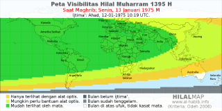 HilalMap: Peta Visibilitas Hilal Muharram 1395 H: rukyat tanggal 1975-1-13 M