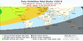 HilalMap: Peta Visibilitas Hilal Shafar 1395 H: rukyat tanggal 1975-2-11 M