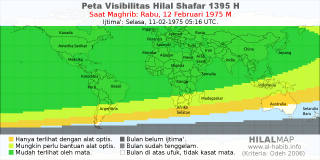 HilalMap: Peta Visibilitas Hilal Shafar 1395 H: rukyat tanggal 1975-2-12 M