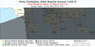 HilalMap: Peta Visibilitas Hilal Rabiul-Awwal 1395 H: rukyat tanggal 1975-3-12 M