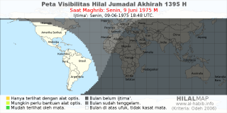 HilalMap: Peta Visibilitas Hilal Jumadal-Akhirah 1395 H: rukyat tanggal 1975-6-9 M