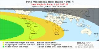 HilalMap: Peta Visibilitas Hilal Rajab 1395 H: rukyat tanggal 1975-7-9 M