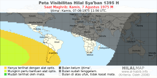 HilalMap: Peta Visibilitas Hilal Syaban 1395 H: rukyat tanggal 1975-8-7 M