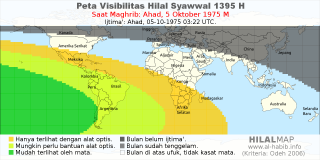 HilalMap: Peta Visibilitas Hilal Syawwal 1395 H: rukyat tanggal 1975-10-5 M