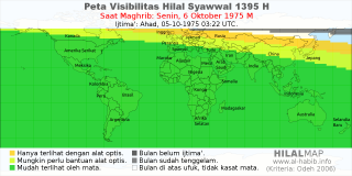HilalMap: Peta Visibilitas Hilal Syawwal 1395 H: rukyat tanggal 1975-10-6 M