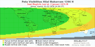 HilalMap: Peta Visibilitas Hilal Muharram 1396 H: rukyat tanggal 1976-1-2 M