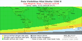 HilalMap: Peta Visibilitas Hilal Shafar 1396 H: rukyat tanggal 1976-2-1 M