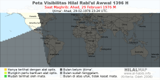 HilalMap: Peta Visibilitas Hilal Rabiul-Awwal 1396 H: rukyat tanggal 1976-2-29 M
