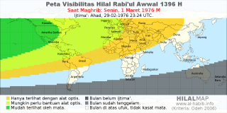 HilalMap: Peta Visibilitas Hilal Rabiul-Awwal 1396 H: rukyat tanggal 1976-3-1 M