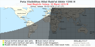 HilalMap: Peta Visibilitas Hilal Rabiul-Akhir 1396 H: rukyat tanggal 1976-3-30 M