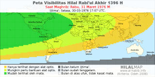 HilalMap: Peta Visibilitas Hilal Rabiul-Akhir 1396 H: rukyat tanggal 1976-3-31 M