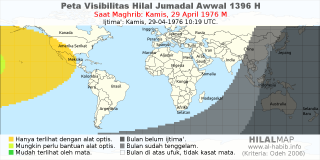 HilalMap: Peta Visibilitas Hilal Jumadal-Awwal 1396 H: rukyat tanggal 1976-4-29 M