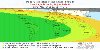 HilalMap: Peta Visibilitas Hilal Rajab 1396 H: rukyat tanggal 1976-6-28 M