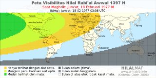HilalMap: Peta Visibilitas Hilal Rabiul-Awwal 1397 H: rukyat tanggal 1977-2-18 M
