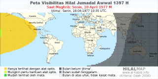 HilalMap: Peta Visibilitas Hilal Jumadal-Awwal 1397 H: rukyat tanggal 1977-4-18 M